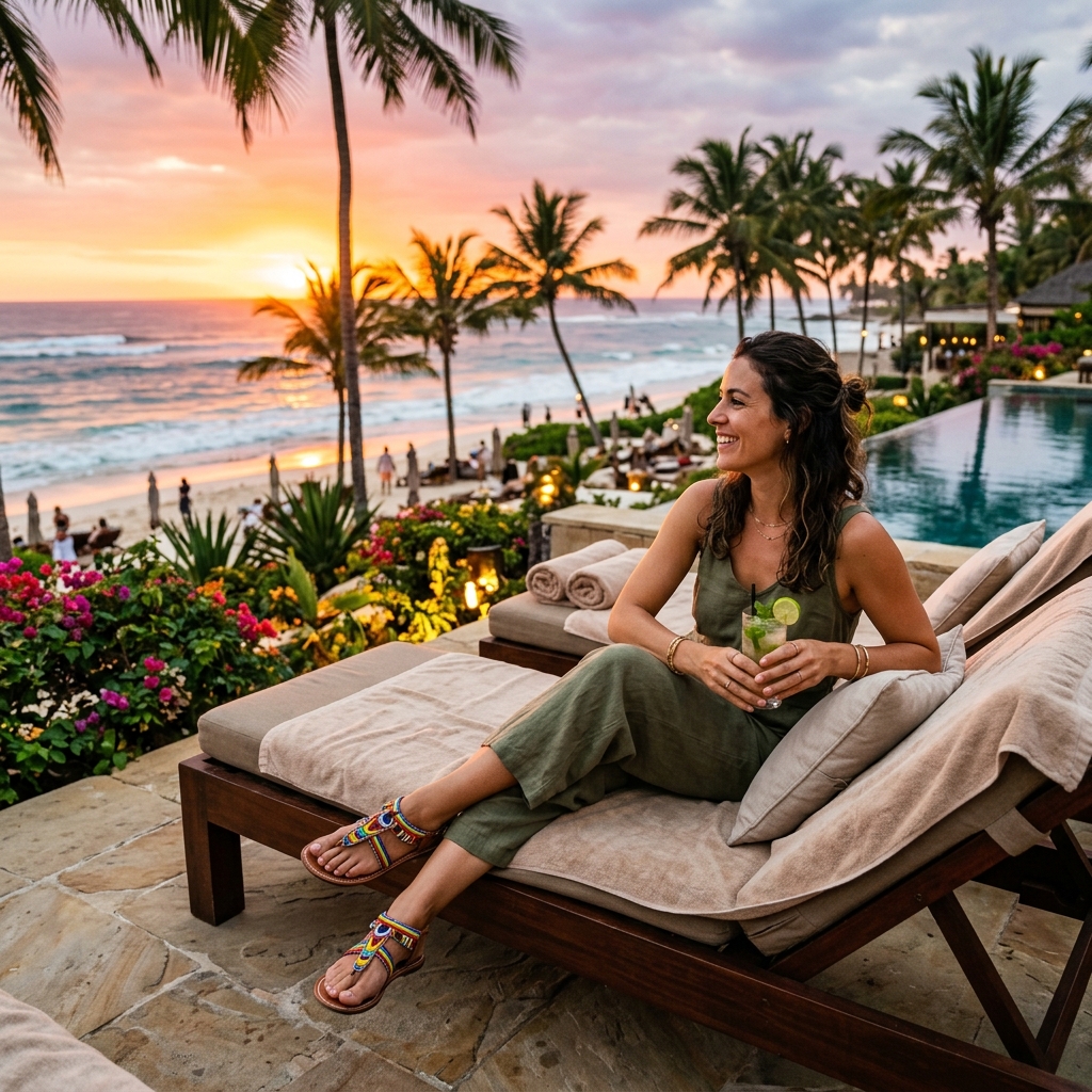 Woman relaxing in Maasai sandals on a beach terrace at sunset
